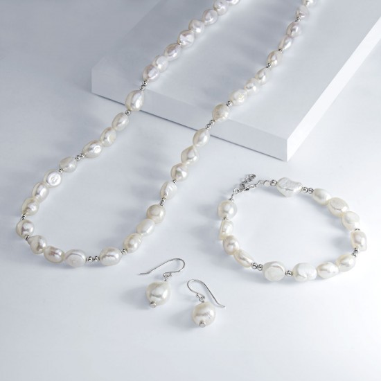 White Baroque Pearl Silver Earrings