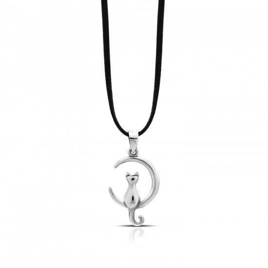 Cat And Moon Silver Pendant