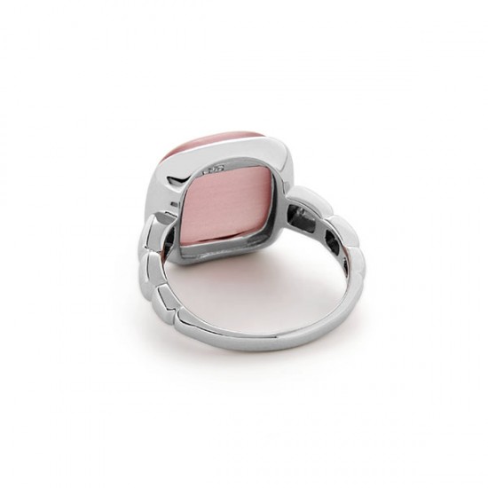 Square Pink Cat Eye Silver Ring 