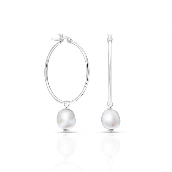 White Pearl Loop Silver Earrings