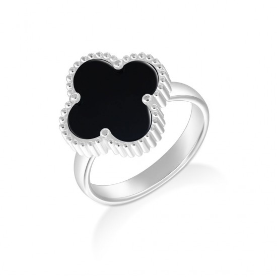Clover Black Onyx Silver Ring
